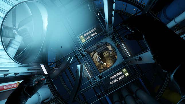 A first-person perspective shows a character drifting aboard the Talos I space station.