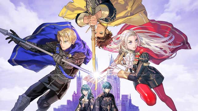 Dimitri, Claude, and Edelgard are centered with the Byleths.
