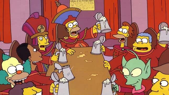 A screenshot of The Simpsons shows Homer and others singing with beer at a table. 