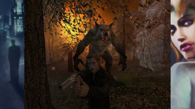 A vampire holds a gun while a werewolf stands behind him.