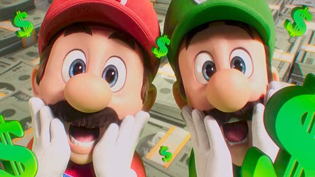 Mario and Luigi look shocked as the money pours in. 