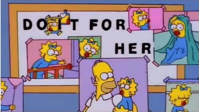 A screenshot of The Simpsons shows Homer's wall covered in pictures of Maggie. 
