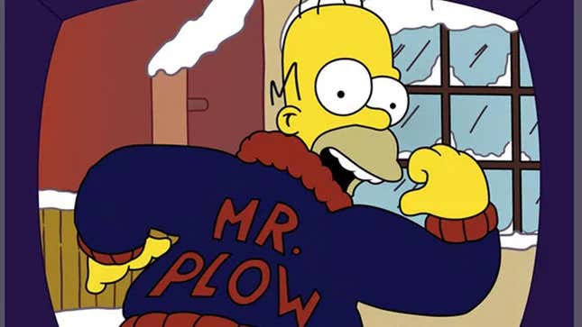A promo image of The Simpsons shows Homer wearing his Mr. Plow jacket. 