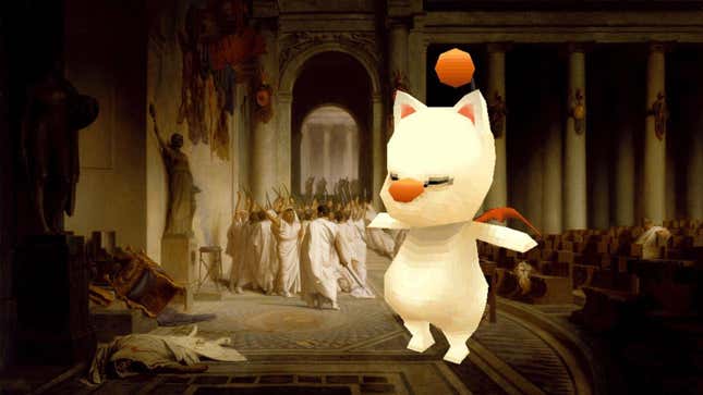 A Final Fantasy Moogle stands over Julius Caesar's assassinated body in this collage.