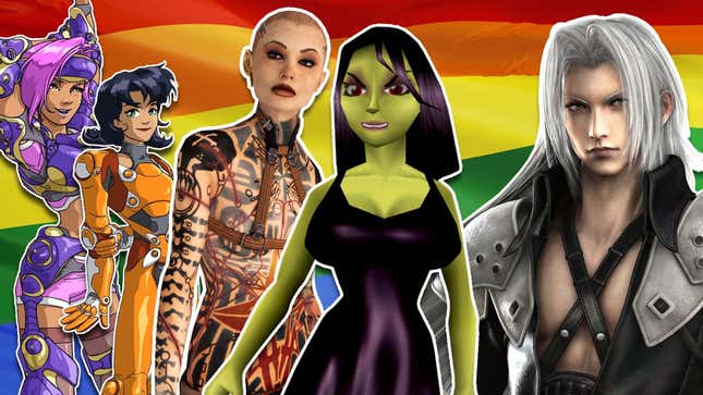 The girls from Fuzion Frenzy, Jack from Mass Effect, Gruntilda from Banjo-Kazooie, and Sephiroth from Final Fantasy against a pride flag background.