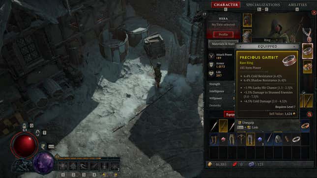 A screenshot of Diablo IV shows key stats for a rare ring.