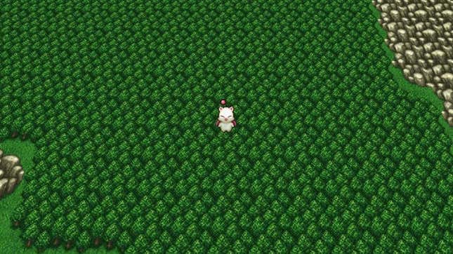 A Moogle stands in a tree-lined forest in FFV.