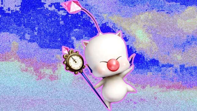 A Moogle holding a staff jumps in front of a colorful background.