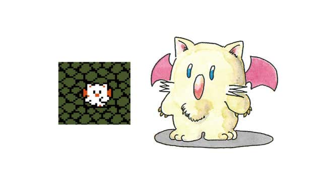A drawing of a Moogle stands next to its pixel version in FFIII.