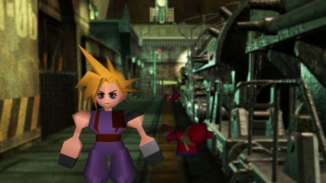 Cloud is seen in his polygonal, spiky-haired glory standing next to a train in the opening moments of the original Final Fantasy VII.