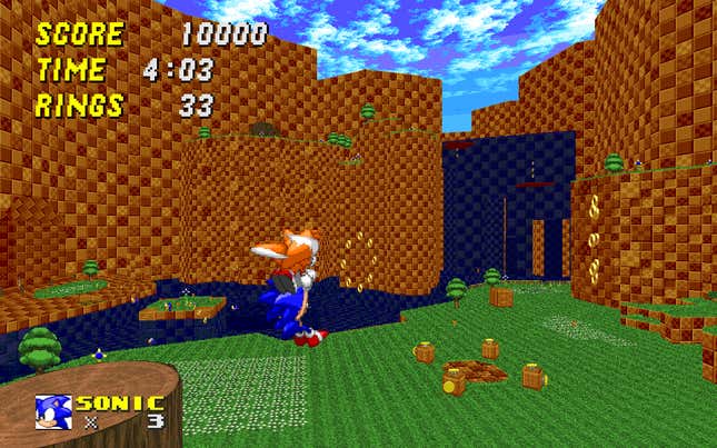 Tails carries Sonic in the air.