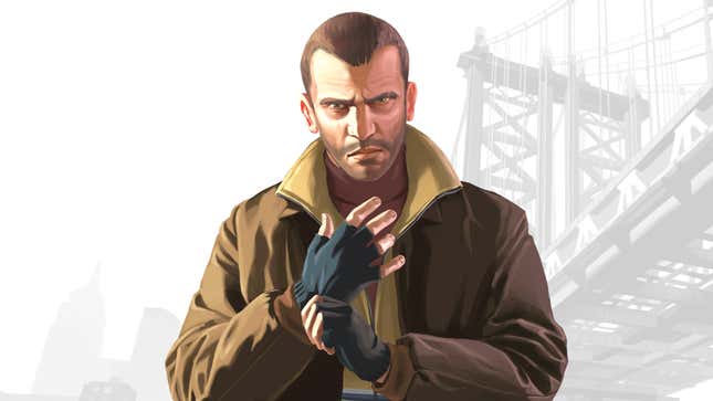 An illustration of GTA IV protagonist Niko Bellic, looking vaguely threatening and wearing fingerless gloves with a bridge behind him.