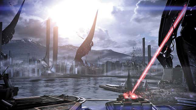 A screenshot from Mass Effect shows Reapers attacking a city. 