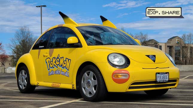 The Pikachu car is shown in a parking lot.