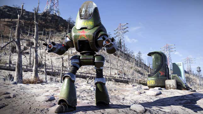 A screenshot of a green robot wandering a wasteland in Fallout 76. 