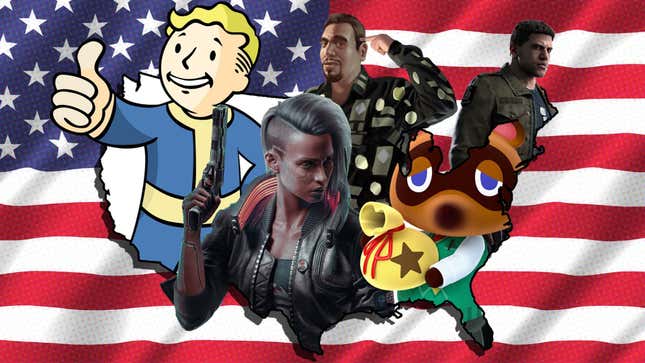 Vault Boy from Fallout, Tom Nook from Animal Crossing, Lincoln Clay from Mafia 3, and other game characters are seen through a United States-shaped outline in an American flag.