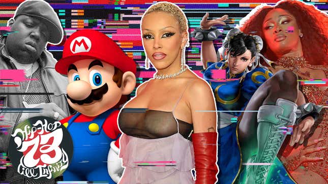 The Notorious B.I.G., Mario from Super Mario, Doja Cat, Chun-Li from Street Fighter, and Megan Thee Stallion, collaged together on a colorful background.