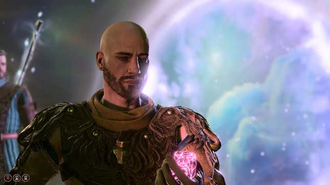 Tav is shown holding a shining stone with Gale in the background.