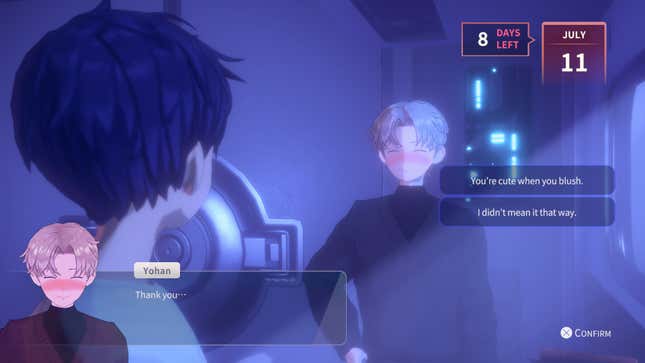 The protagonist is shown talking to Yohan, who is blushing and thanking him.