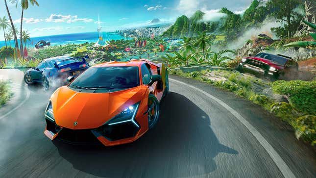 A promo image shows cars and trucks driving around Hawai'i in The Crew: Motorfest. 