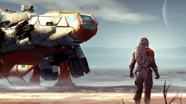 A piece of concept art shows a Starfield ship and astronaut. 