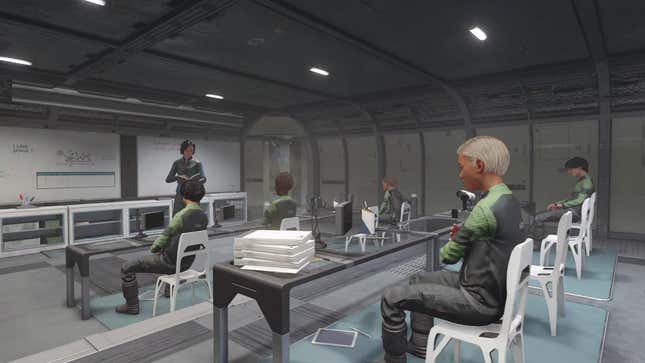 Children sit in a classroom aboard a spaceship.