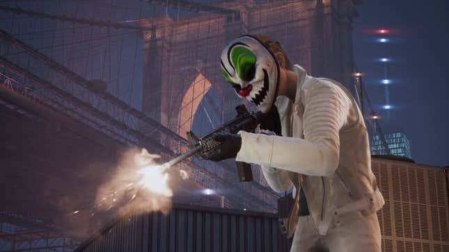 A Payday 3 character fires their gun in front of a New York city bridge. 