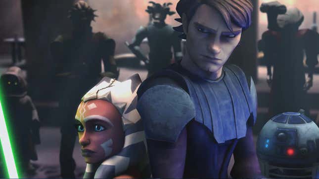 Anakin and Ahsoka stand back-to-back during the Clone Wars. 