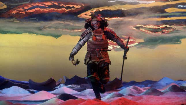 A scene from Kagemusha that shows a samurai wielding a sword in a colorful, surreal setting. 