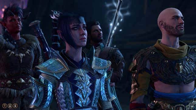 Karlach, Shadowheart, Gale, and Shep are shown looking at something off-screen.